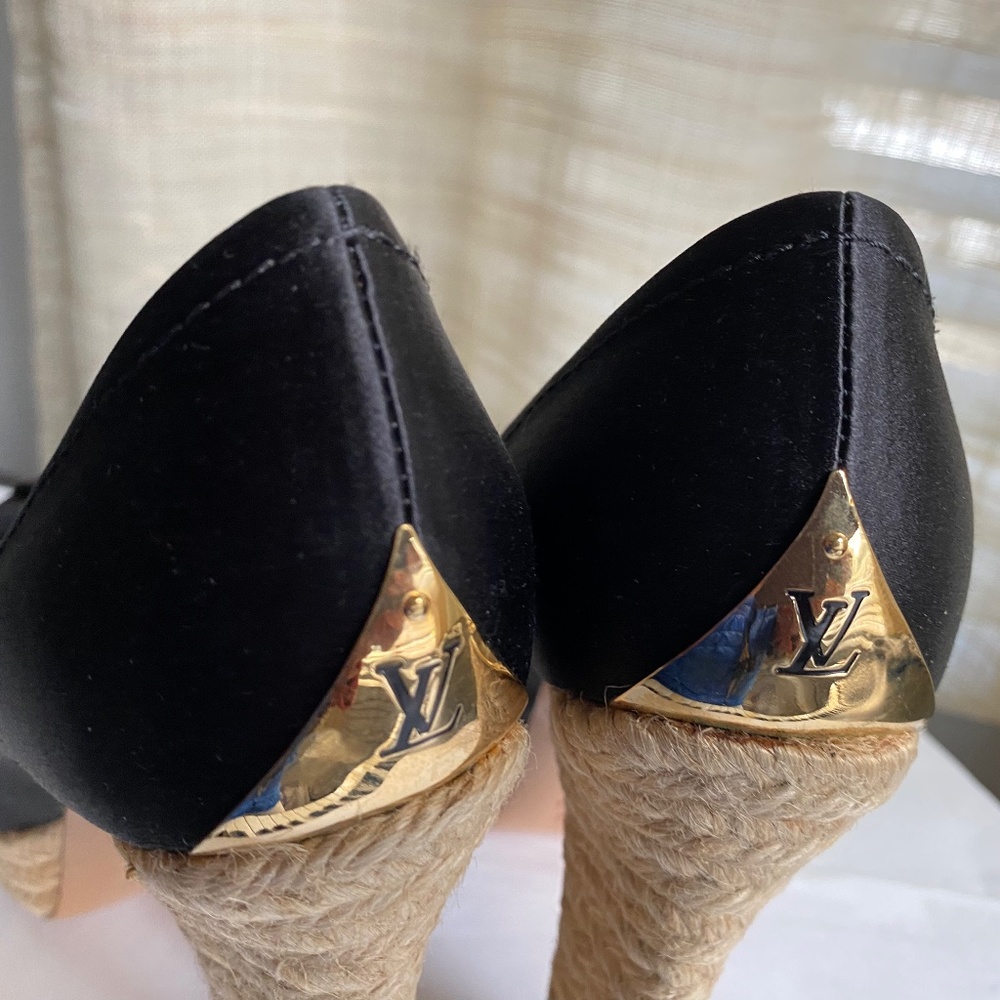 Louis Vuitton satin black espadrille clogs heels pumps platforms 36 Rivoli bow - Picture 5 of 12